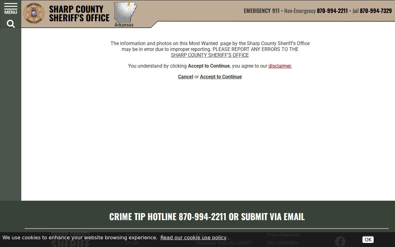 Sharp County active warrant program disclaimer
