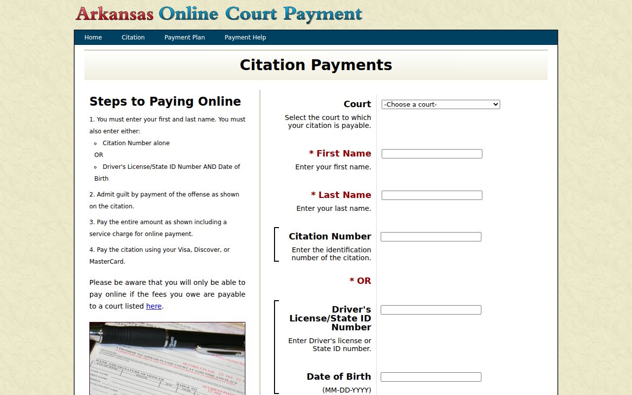 Sharp County traffic warrant citation query on the Arkansas Courts portal