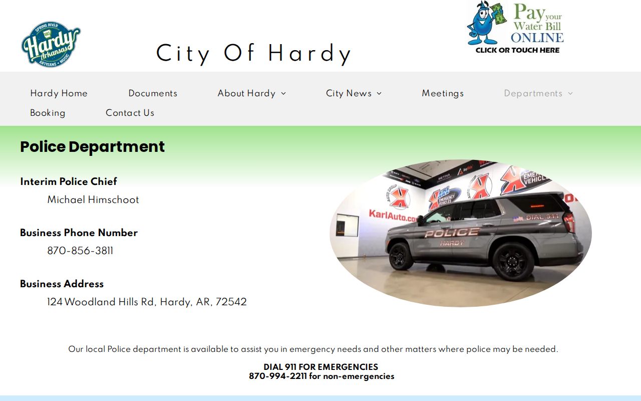 Hardy Police official contact page with address information