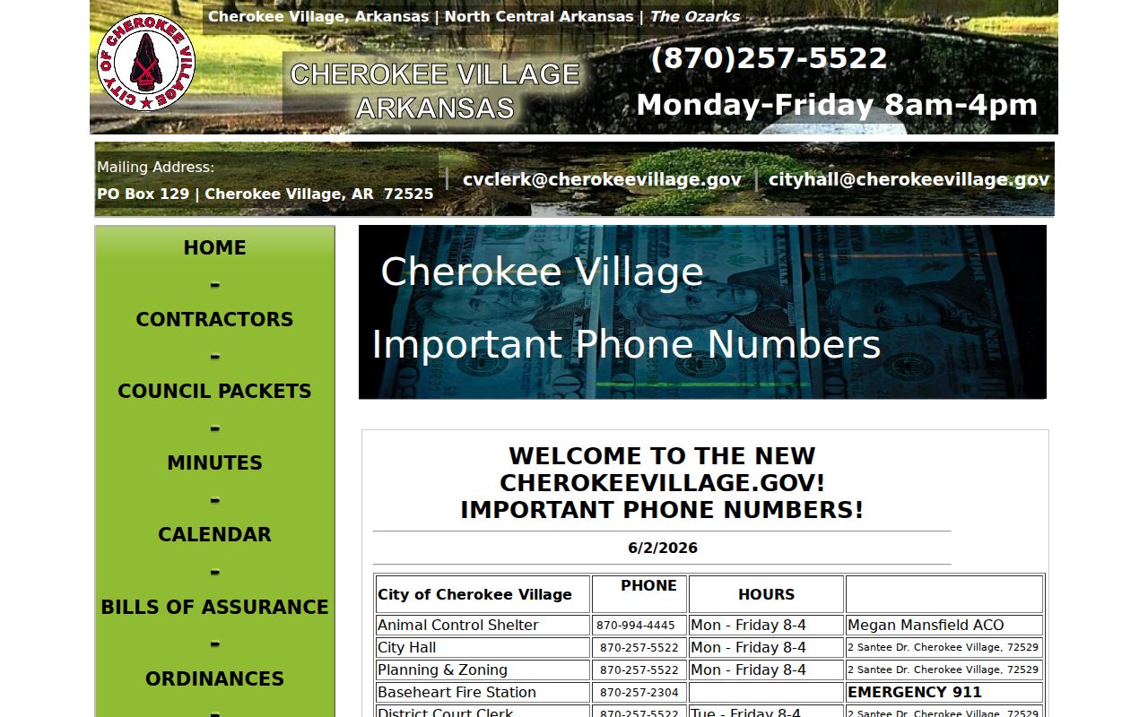 Cherokee Village important phone numbers page